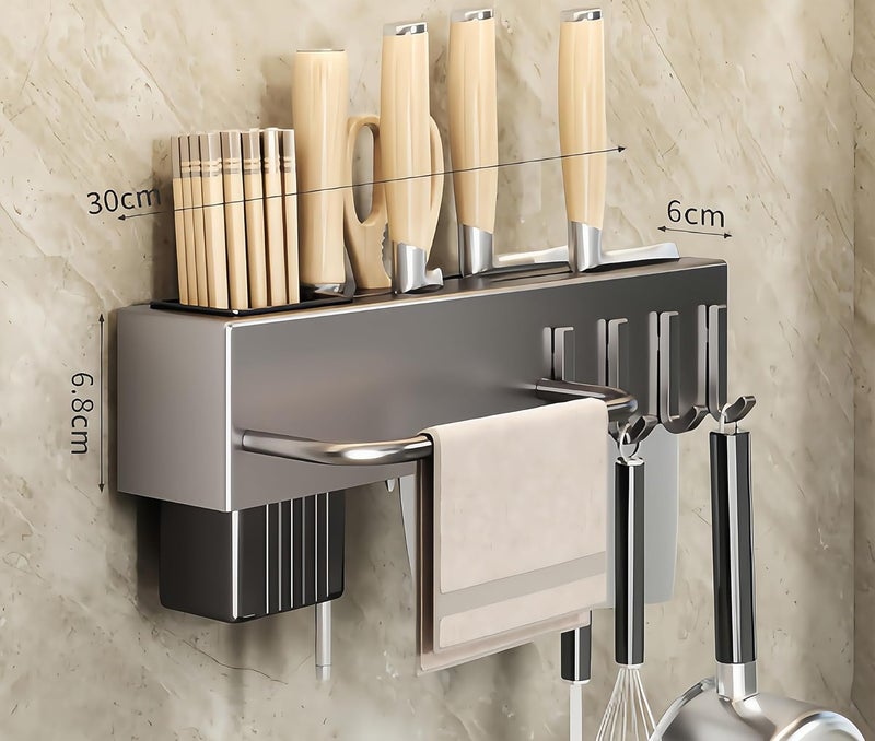 セイド(Seido) Carbon Steel Utensil Rack – Space-Saving 12" L Kitchen Organizer with hooks & hanging bar, Gunmetal Gray Knife Holder, 2 Installation Options (Adhesive/Screwed) - Image 2